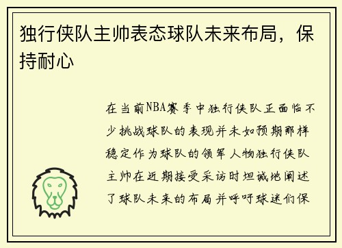 独行侠队主帅表态球队未来布局，保持耐心